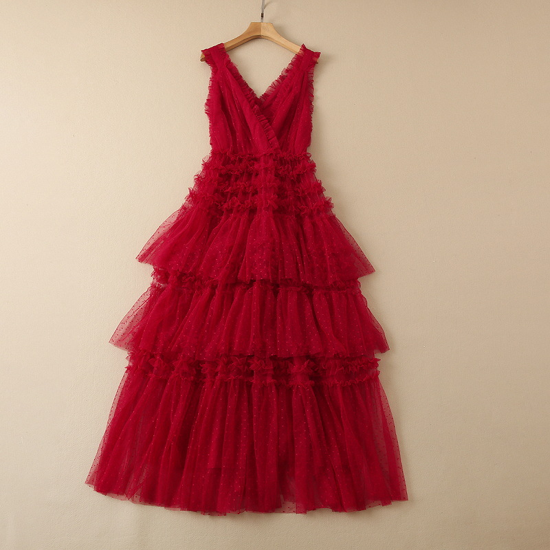

2022 Autumn V Neck Tulle Dress Solid Color Tiered Red / Sleeveless Long Maxi Panelled Dresses 22G210040