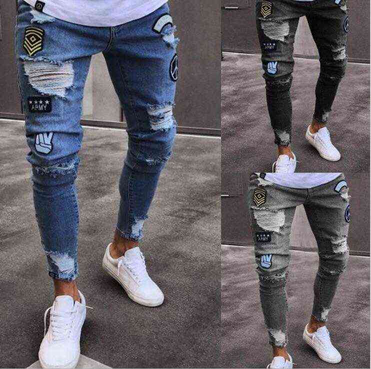 

2019 Men Stylish Ripped Jeans Pants Biker Slim Straight Hip Hop Frayed Denim Trousers New Fashion Skinny Jeans Men European Size G220415, Black