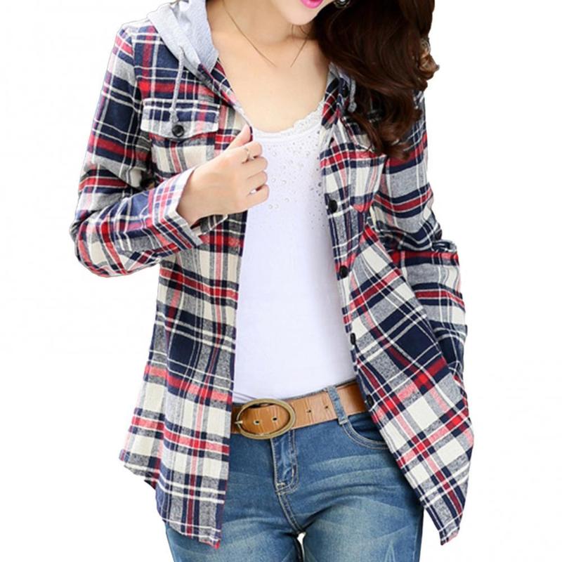 

Women's Hoodies & Sweatshirts Womens Fashion Hooded Loose Long Sleeve Classic Plaid Hood Button-up Cotton Shirt Coat Blouse Sudaderas Haraju, Grey