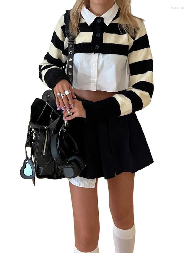 

Women' Knits & Tees Women Casual Knitted Crop Tops Long Sleeve Stripe Pullover Color Block Open Front Cardigan StreetwearWomen' Time22, Black white