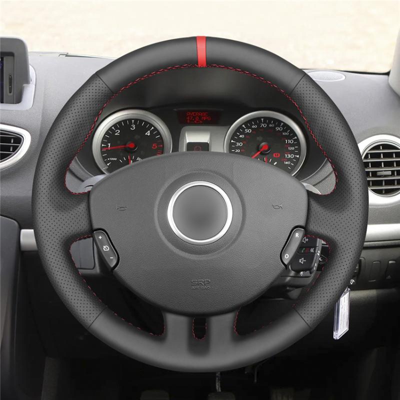 

Steering Wheel Covers Hand-stitched Red Marker Black PU Artificial Leather Car Cover For Clio 3 2005-2013 2005-2013Steering CoversSteering