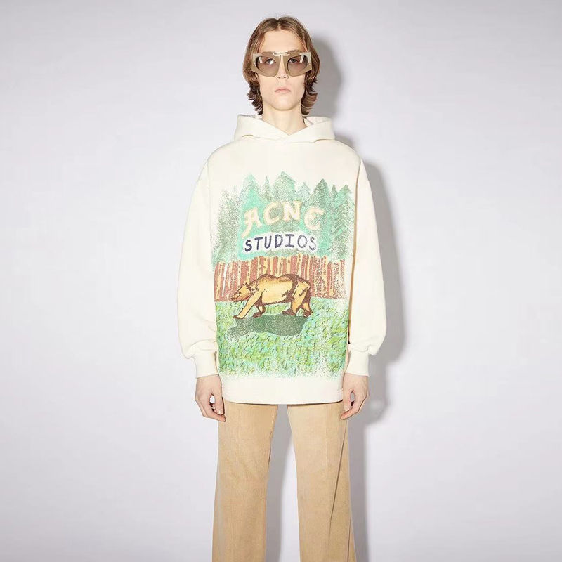 

European American Men and Women Hooded Sweater Acnestudios Retro Graffiti Print Long-sleeved T-shirt Fashion Cotton Couple Jacket, Khaki f20