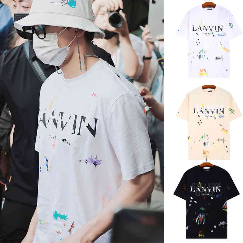

Gary Dept Co Branded Glitter Pink Letter Lanvin Co Branded Hand Painted Graffiti Splash Ink Short Sleeve T-shirt for Men and Women, White