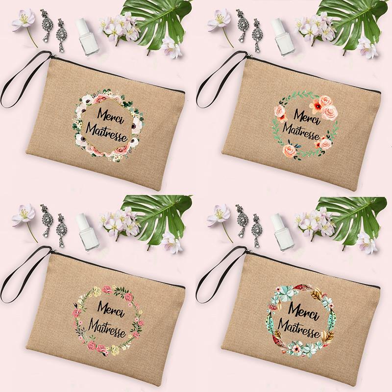 

French Print Cosmetic Bags Women Neceser Makeup Bag Linen Zipper Pouch Travel Organizer Case Pencil Gifts For Teacher, Dark grey
