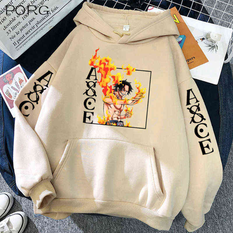 

One Piece Hoodie Loose Unisex Autumn Anime Style Hoodie Ace Printing Pullover G220429, Gray
