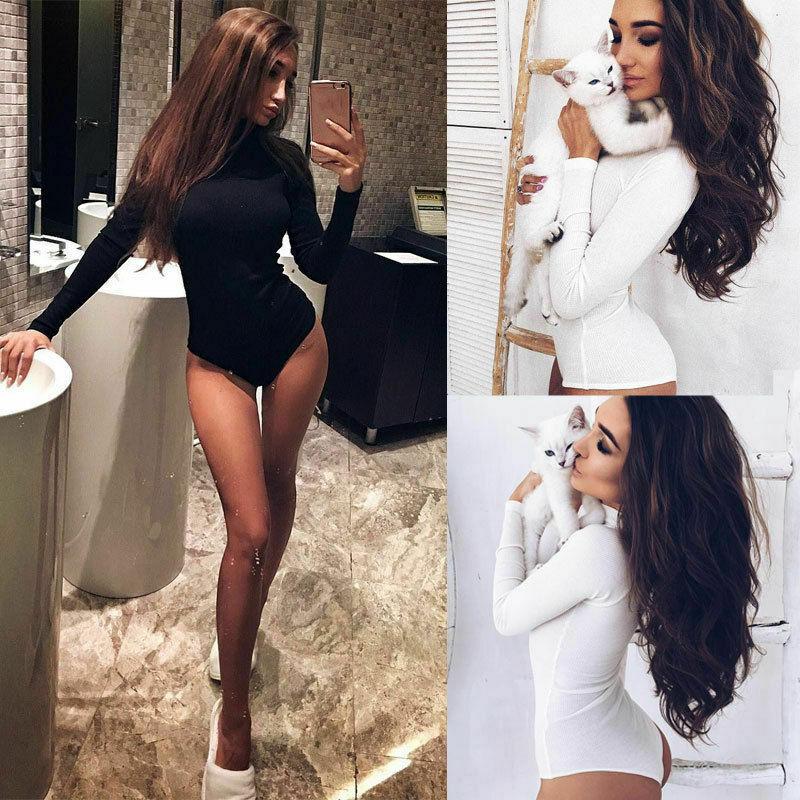 

Women' Two Piece Pants Women Sexy Ladies Fashion Turtleneck Long Sleeve Shirt Rompers Jumpsuits Bodysuits Knit Stretch Plain Leotard Bodyco, Black