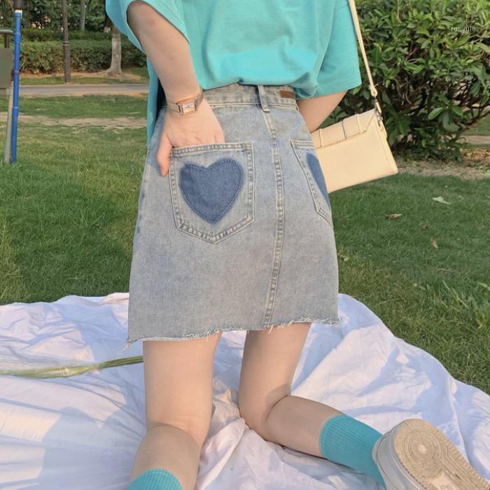 

Skirts 2022 Summer Light Color Denim Skirt A-line High Waist Love Short Womens Mini Solid Button Cute, Blue