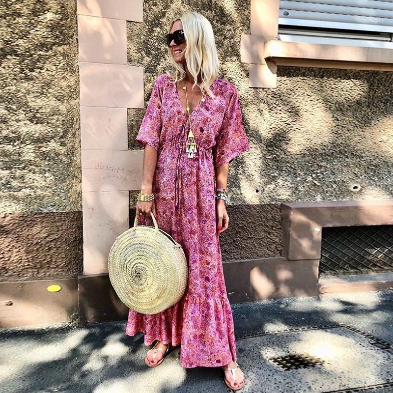 

Casual Dresses 2022 Fashion Belted Long V-neck Sleeved Print Office Dress Beach Floral Ladies Boho Style, Red