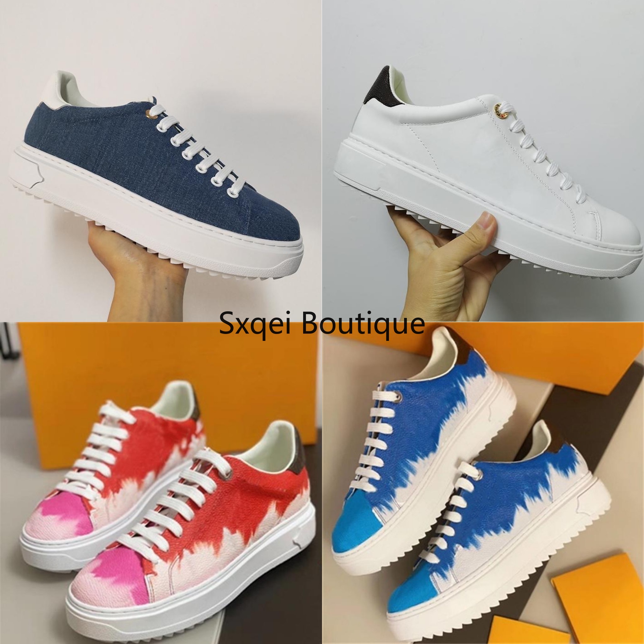 

2022 Women Sneaker Platform Calf Leather Shoes Boots Embossed Blue White Denim Designer Shoes Patchwork Trainers Rubber Flat Outdoor Shoes, Extra shoes box
