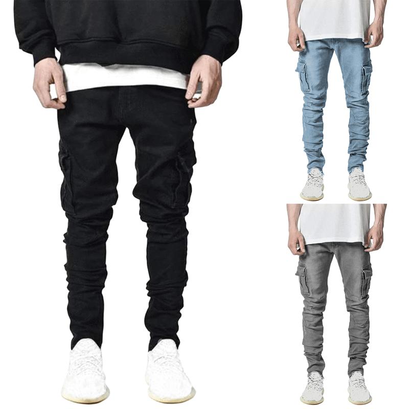 

Men' Jeans Men Pants Casual Cotton Denim Trousers Multi Pocket Cargo Fashion Pencil Side Pockets Skinny BodyconMen