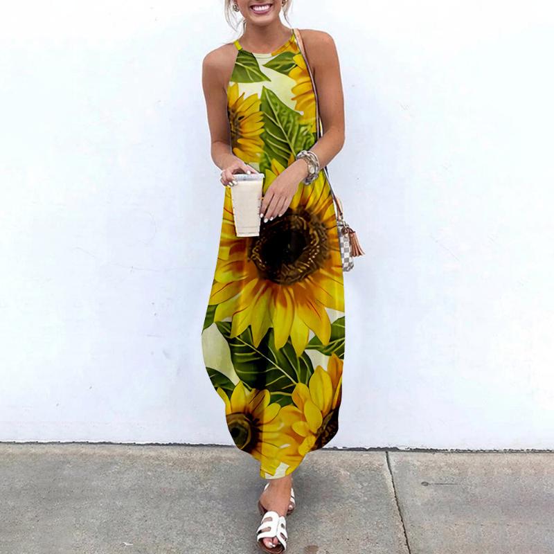 

Casual Dresses Summer Sexy Halter Backless Long Split Dress Women Sunflower Print Party Beach ClothingCasual, 10