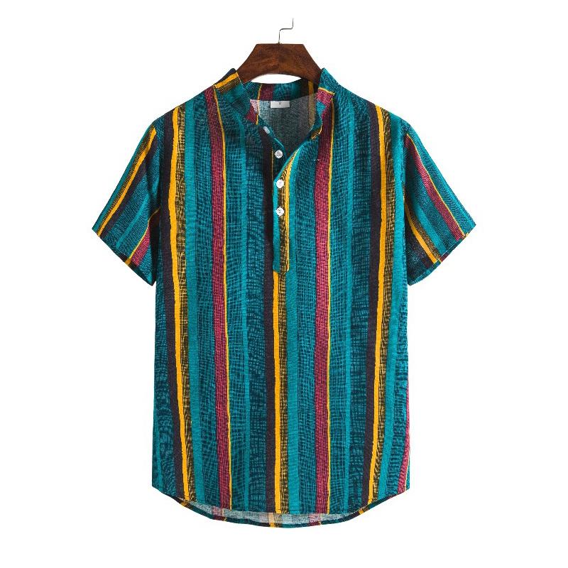 

Men's Casual Shirts 2022Men Fashion Street Striped Shirt Flax Short Sleeve Mens Dress Loose High Quality TopsMen's, Green