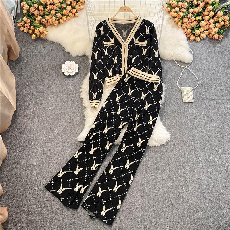 

Women's Two Piece Pants 2022 Spring Autumn Knited Set Women Clothing Sets Casual Long Sleeve Sweater Cardigan + Wide Leg Suits, Black