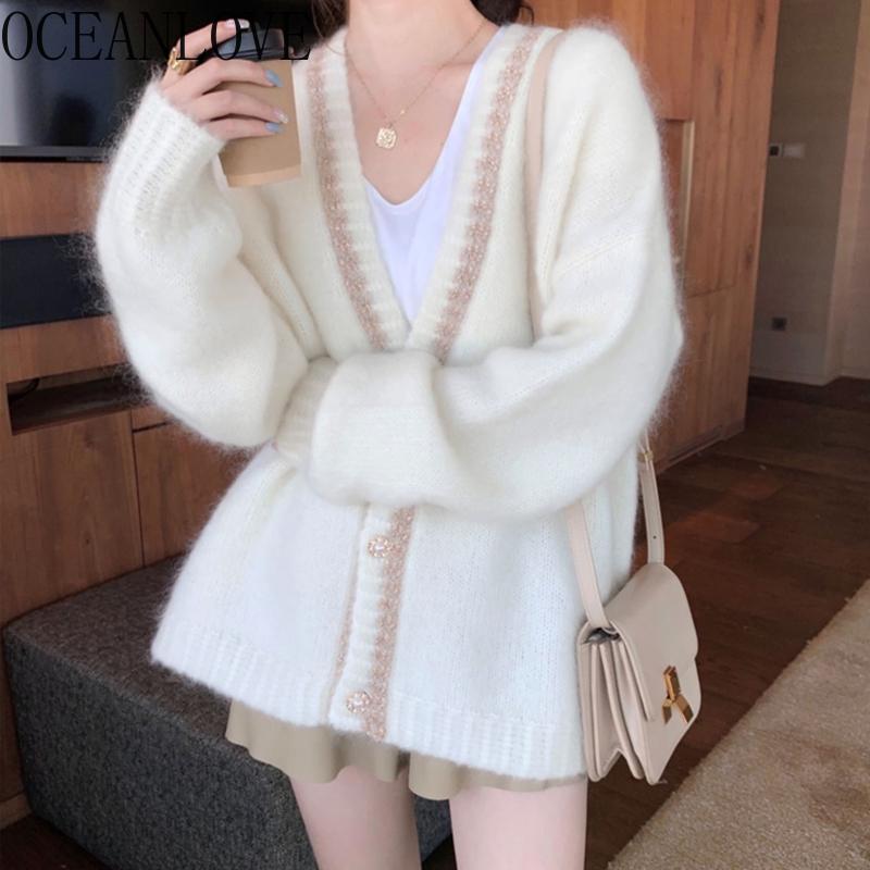 

Women's Knits & Tees OCEANLOVE Cardigans Mohair Soft Sweet Warm Autumn Winter Contrast Color Sweaters Women Tops V Neck Korean Retro Jersey, White