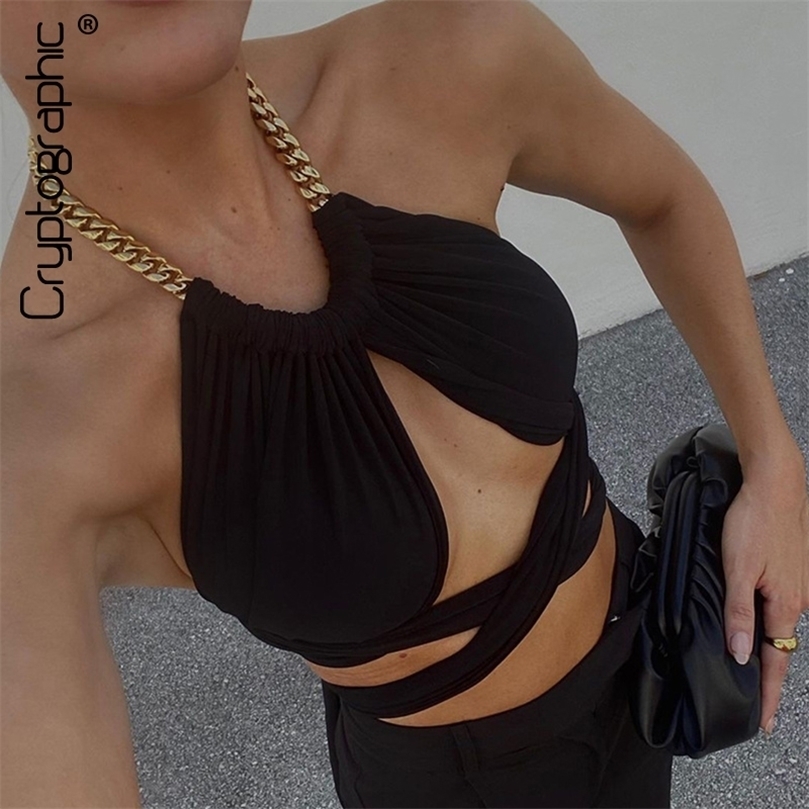 

Cryptographic Fashion Bandage Sexy Chain Halter Crop Tops for Women Hollow Sleeveless Top Cropped Club Party Outfits Summer 220407, Black