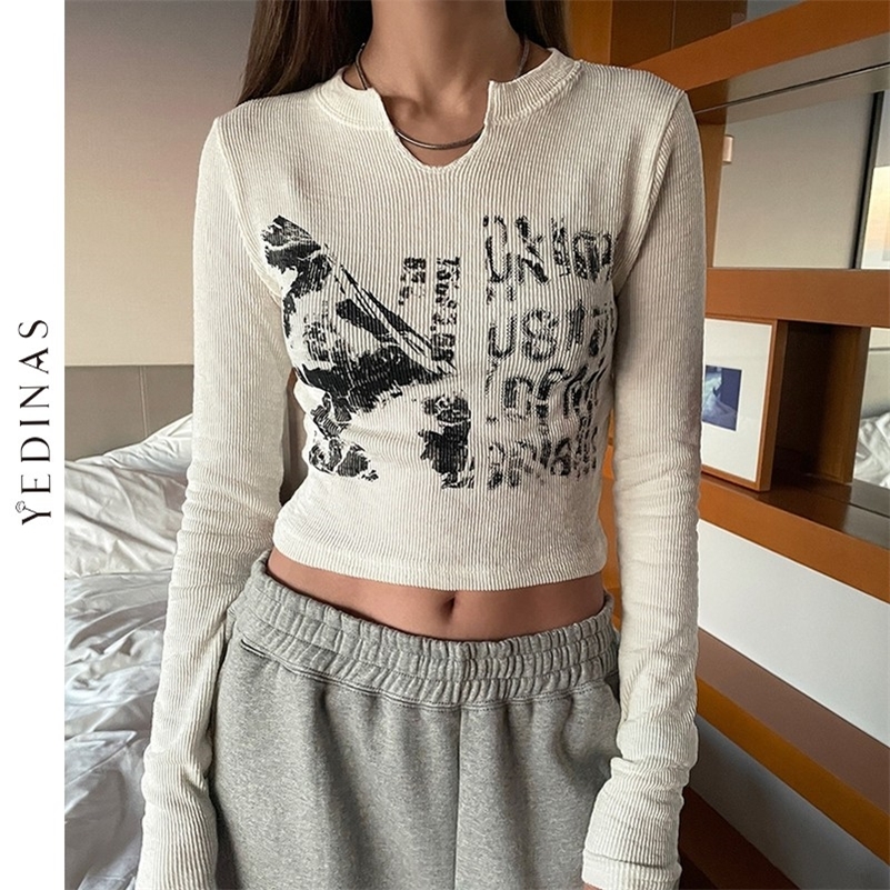 

Yedinas Vintage Letter Print Long Sleeve Crop Top Women Sexy Slim Autumn T Shirt Korean Style Chic Grunge Aesthetic Streetwear 220321, Black