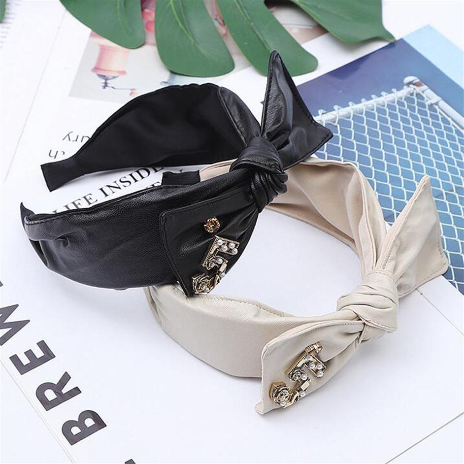 

2color Korean Simple Designer Letters Print Headband Classic Fashion Women Girls Wide Edge Bowknot Hair Hoop Pearl Crystal Rhinest313y