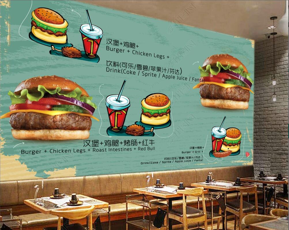 

custom photo mural 3d wallpaper on the wall Retro decoration fast food restaurant tasty burger tooling living room 3D wall murals wallpapers for walls in rolls, Non-woven wallpaper