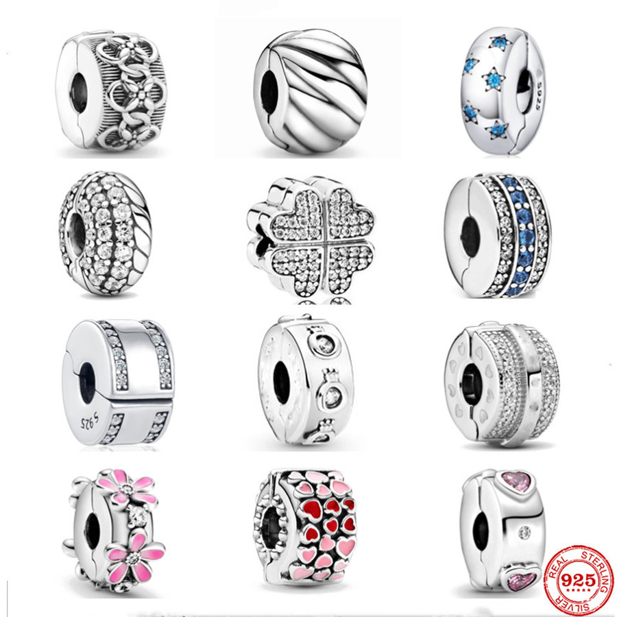 925 argent sterling enrôle charme de trèfle en pierre de position cilp boucle boucle perle en ajustement bracelet bricolage bijoux accessoires