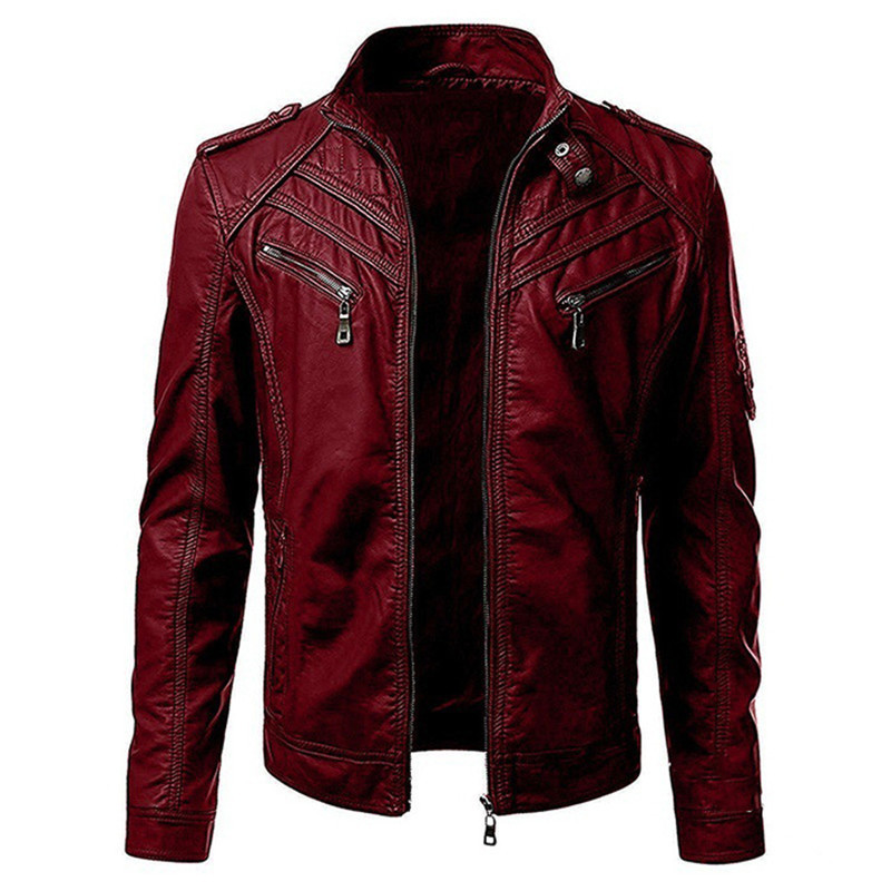 

Spring and Autumn Men's PU Leather Jacket Fashion Trend Solid Stand Collar Slim High Quality Men Bomber Leather Jackets 220816, Burgundy