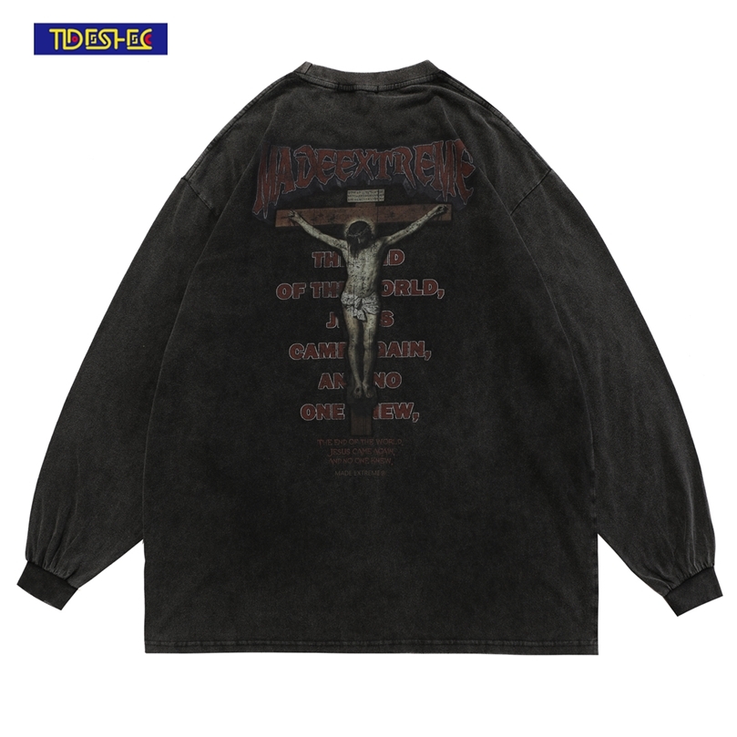 

TIDESHEC Oversized Long Sleeve TShirt Men Criminal Law Printed T Shirt Hip Hop Streetwear Cotton Top Tee Mens Clothing 220816, Black
