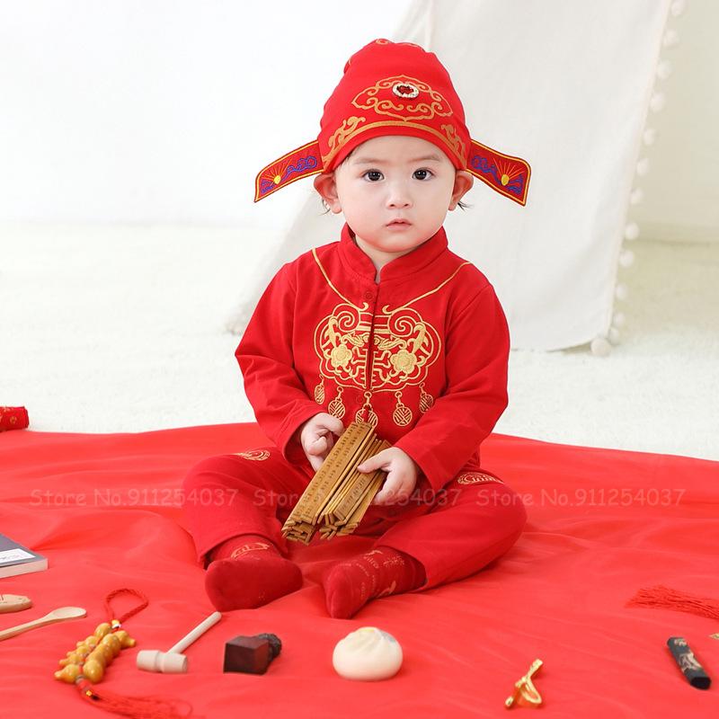 

Ethnic Clothing Chinese Style Year Baby Rompers Boys Girls Traditional Red Bodysuit Kids Embroidery Hanfu Tang Suit Jumpsuit Hat