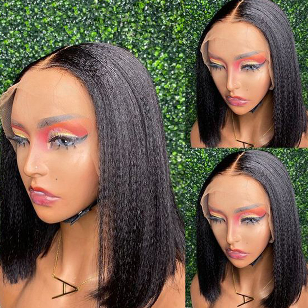 

LX Brand Lace Frontal Wig Short Wigs Human Hair Bob Wig Lace Front Human Hair Wig Closure 4x4 Yaki Human Hair Kinky Straightfactory, Natural color