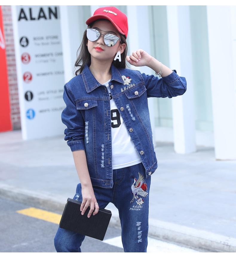 

Clothing Sets Girls 4-14 Years Casual Birds Embroidery Jeans Coats+Blue Washed Pants Spring Autumn, 2pcs set