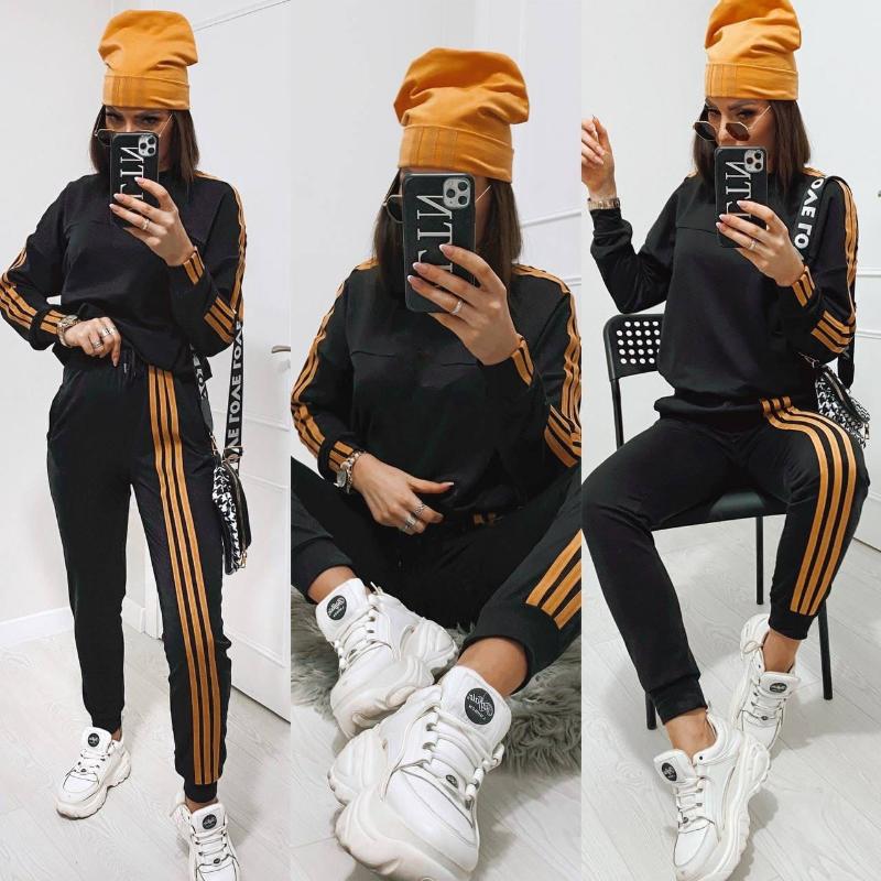 

Women' Two Piece Pants Side Striped Top And Jogging Suit Ensemble Femme 2 Pieces Spring Set Tracksuit Women Clothes Conjunto Feminino, Black