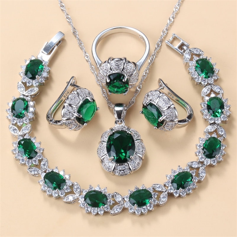 

925 Mark Bridal Necklace And Earrings Jewelry Sets For Women Fashion Wedding Dress Costume Green Zircon Charm Bracelet And Ring 220715