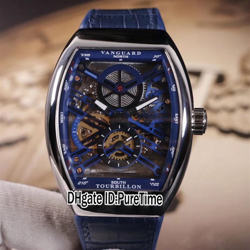 

New Men's Collection Vanguard V45 Steel Case Blue Inner Skeleton Dial Tourbillon Automatic Mens Watch Blue Leather White Line3070, 161a