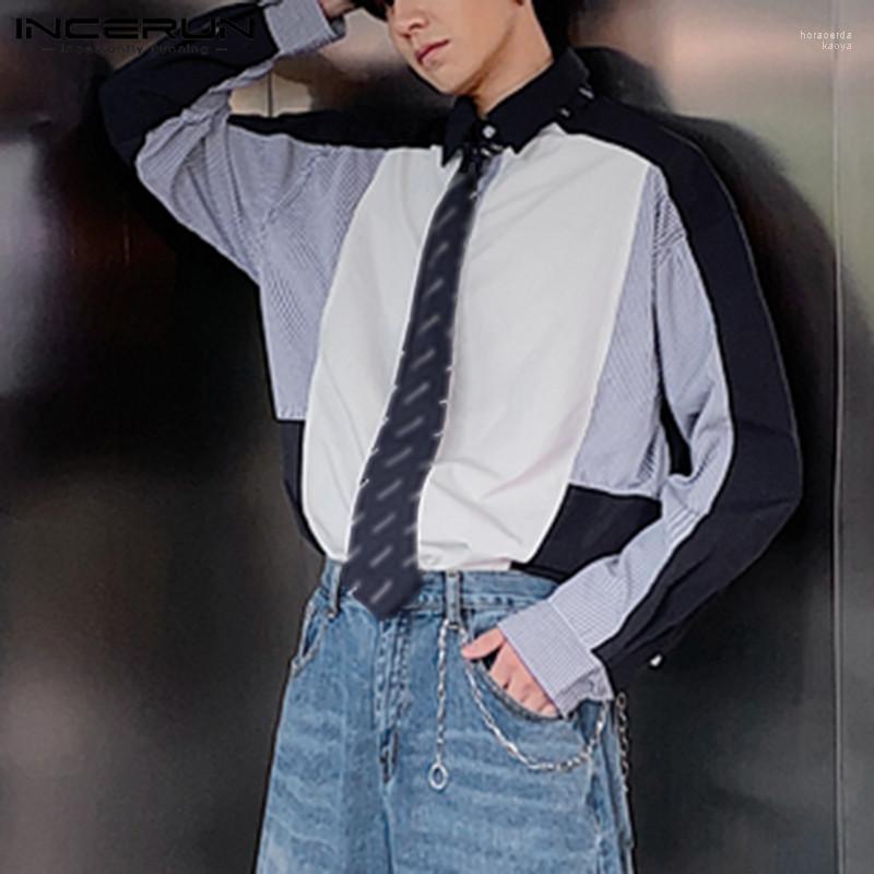 

Fashion Patchwork Long Sleeve Shirts INCERUN Men Lapel Neck Chemise Hombre Color Stitching Striped Blouse Streetwear -3XL Men' Casual Hora, Navy