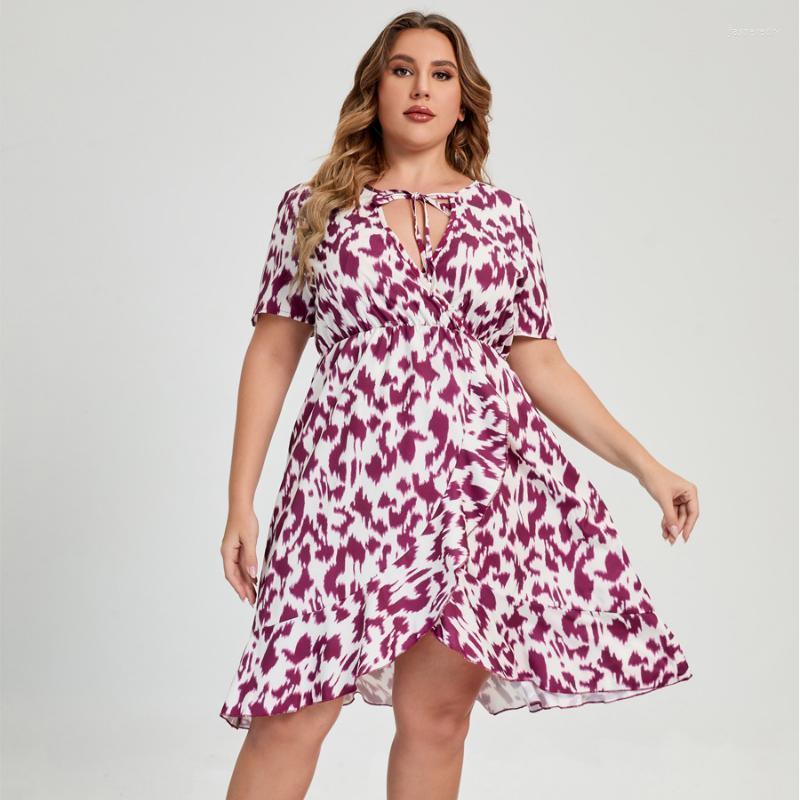 

Plus Size Dresses Women Purple Small Fragrance Sexy Tie Dye Short Sleeve Dress Summer Fashion Lace Up V-Neck Pleated Harajuku Midi DressPlus, Printing