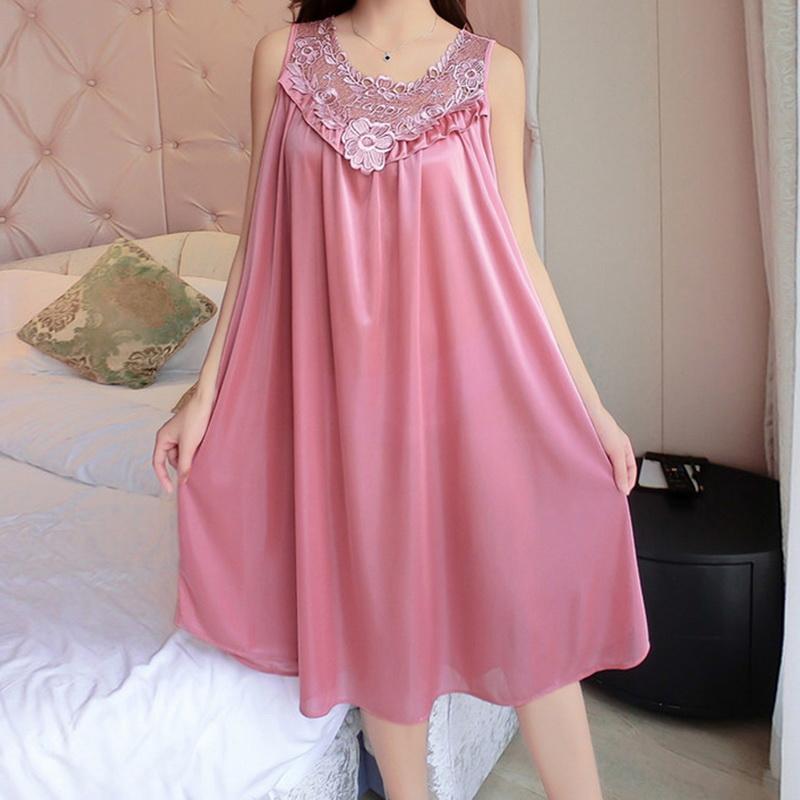 

Women's Sleepwear Women Nightgowns Satin Lace Nightwear Sexy Pyjama Home Clothing Female Free Size Lingerie Gown RobeWomen's, A-rose red