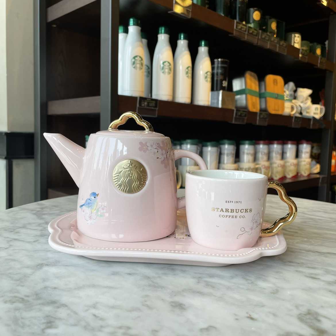 2022 Starbucks cup Cherry Blossom bird singing flower fragrance teapot tea cup water Cup Mug Set 600ml-image-760971444
