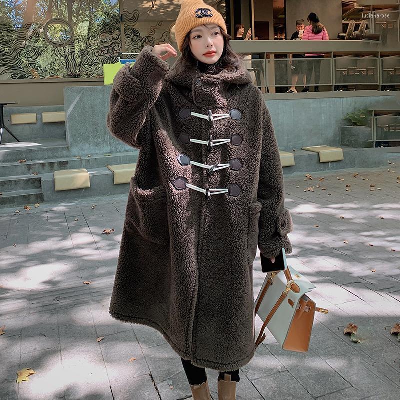 

Women' Down & Parkas Winter Fur One-piece Lamb Wool Coat Female Long Loose Thick Hooded Horn Button Women Brown Casual Classic Straight Clo