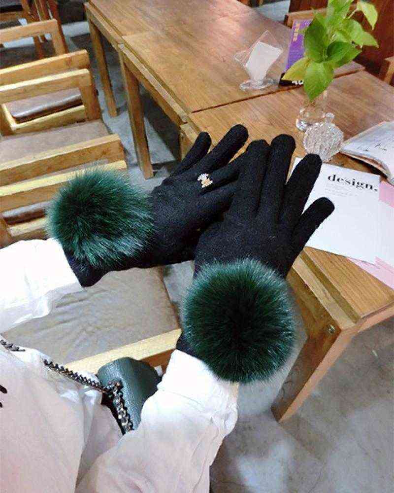 

Fox Fur Ball Autumn and Winter Cashmere Gloves Keep Warm Simple Temperament Rhinestone Points Finger Touch Screen Gloves Women T220730
