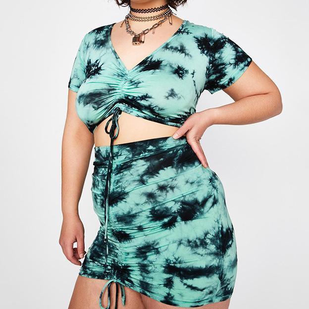 

Summer 2 Piece Set Women Sexy Print Skirt And Top Green Drawstring Suit Short Sleeve Crop Mini Elastic Wasit Two Dress