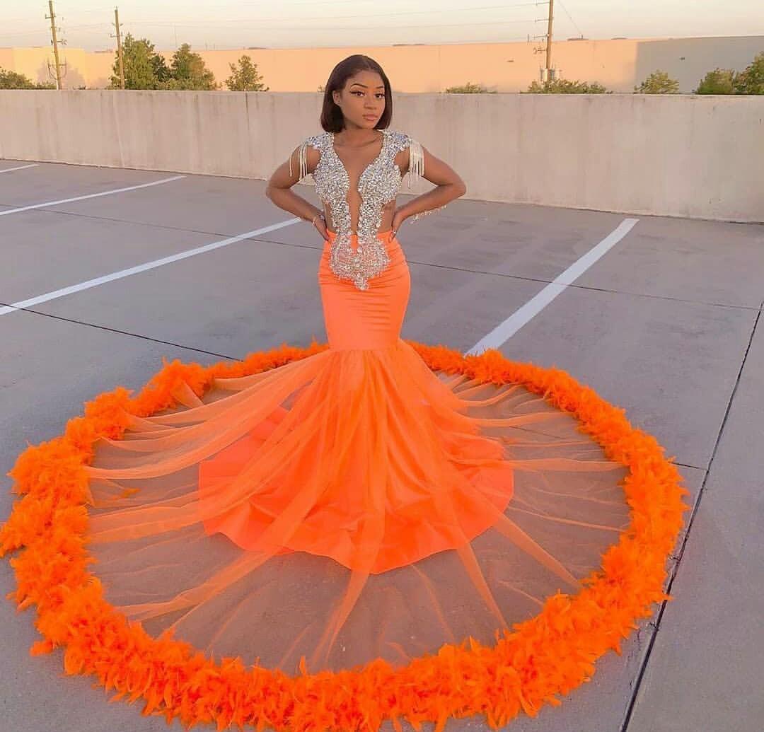 Orange Mermaid Prom Dresses long sleeve Lace Beads Crystal Feather Formal Evening Dress 2022 Sheer Neck African Robes De Soirée-image-760231324