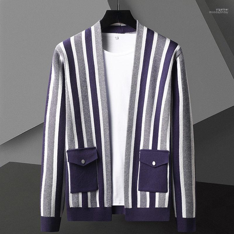 

Men's Sweaters Trendy Purple Striped Cardigan Men Korean Fashion Color Contrast Pocket Sweater Knit Plus Size Black Loose Olga22