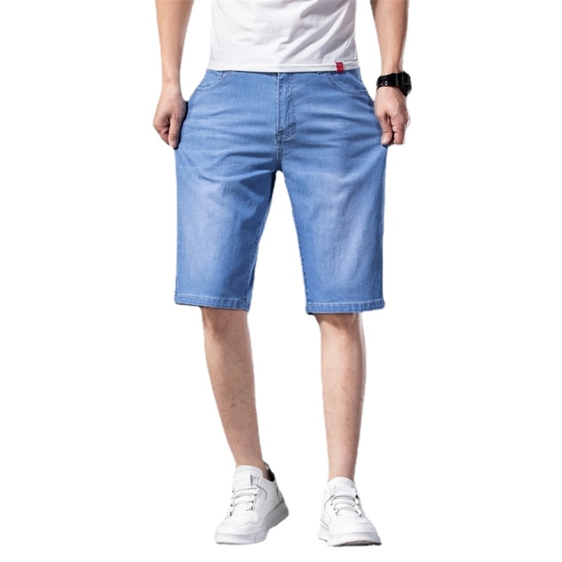 

Summer Brand Stretch Thin High Quality Cotton Denim Jeans Men Knee Length Soft Light Blue Casual Shorts Plus Size 28- 220418, Dark blue 3052