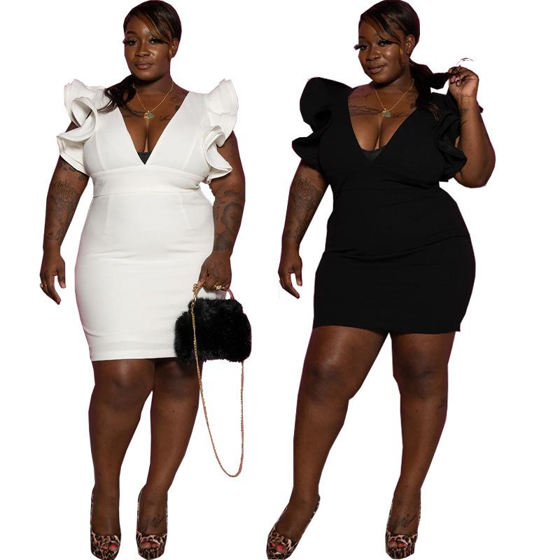 

Plus Size Dresses Women 5XL Sexy Dress V Neck Lotus Sleeve Party Fashion Leopard Print Wholesale DropPlus, Black