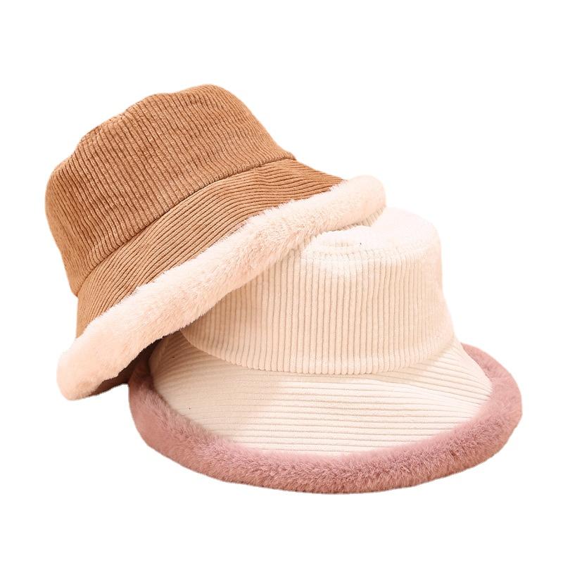 

Berets Winter Bucket Hats Women Corduroy Panama Hat Thick Warm Plush Fisherman Cap For Girl Crimping Basin Kapelusz OutdoorBerets, White