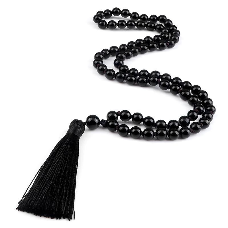 

Beaded, Strands 8mm Shiny Black Onyx Stone Beaded Necklace Men 108 Beads Buddha Mala Knotted Volcanic Lava Women Yoga Jewelry