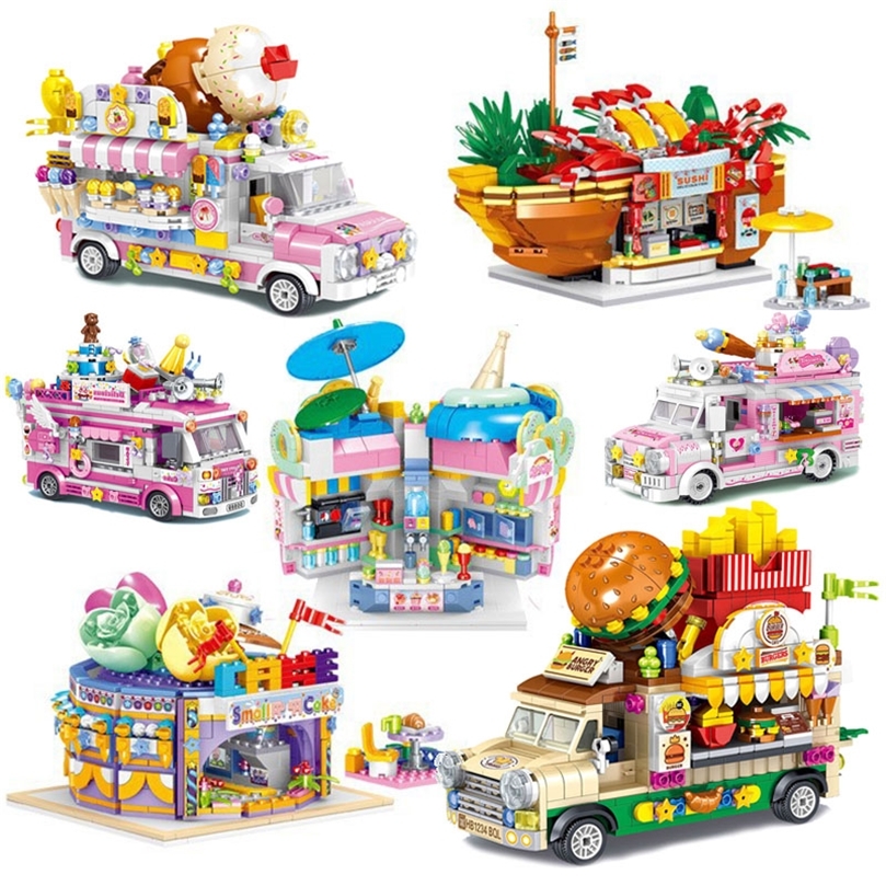 

City Street View Mini Building Blocks DIY Burger Food Truck Shop Cake Shop Cafe 3D Model Bricks Childrens Toys Holiday Gifts 220816