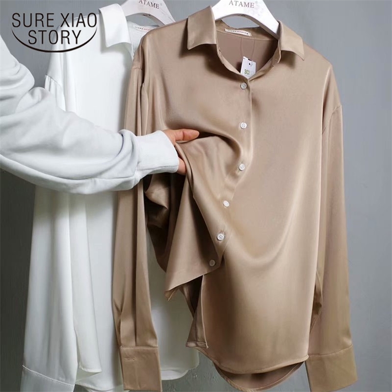 

Spring Fashion Button Up Satin Silk Shirt Vintage Blouse Women White Tops Lady Long Sleeves Female Loose Street Shirts 11355 220407, Ivory