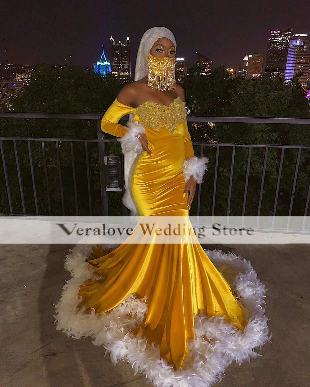 

Yellow Prom Dresses For Pregnant Women 2k22 Velvet with Feathers Mermaid Evening Dress Long Sleeves Black Girls Party Gowns, Silver