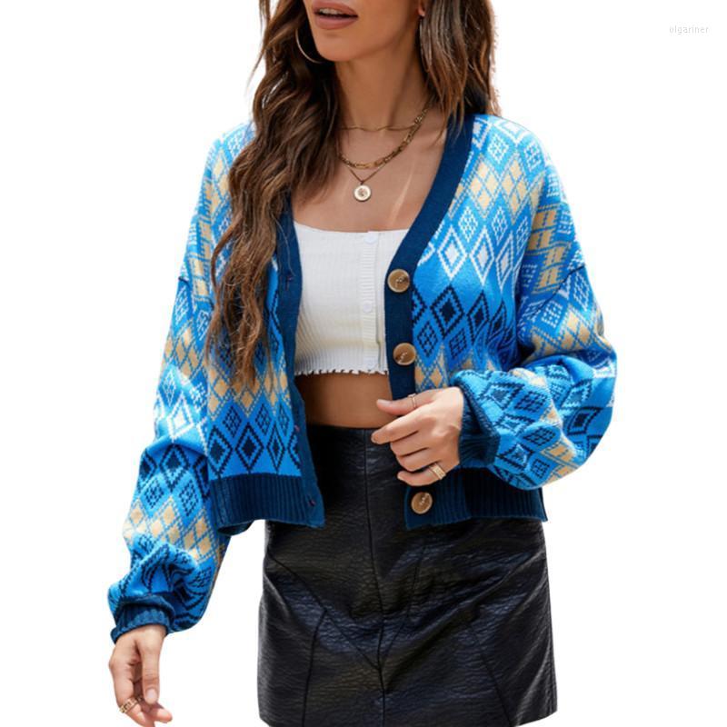 

Women' Knits & Tees Women Color Block Short Sweater Adults Button-down Argyle Print Long Sleeve V-neck Knit Cardigan Spring AutumnWomen' O