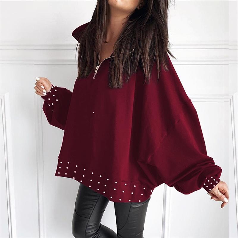 

Women' Blouses & Shirts 2022 Women Spring Summer Beaded Detail Zipper Neck Casual Blouse Ladies Loungewear Gothic Style Long Sleeve Pullove, Black