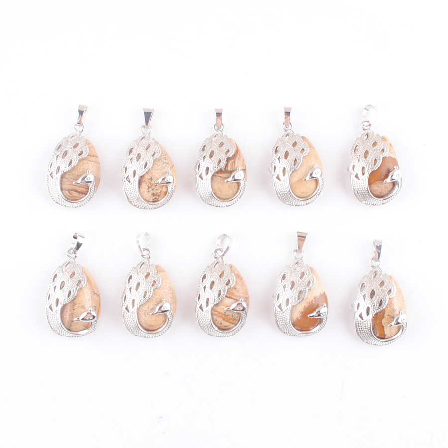 

Wholesale Natural Stone Peacock Pendant Owyhee Picture Water Drop Cabochon Gemstone Animal Charm Europe Fashion Jewelry For Women Party Gift DN4356